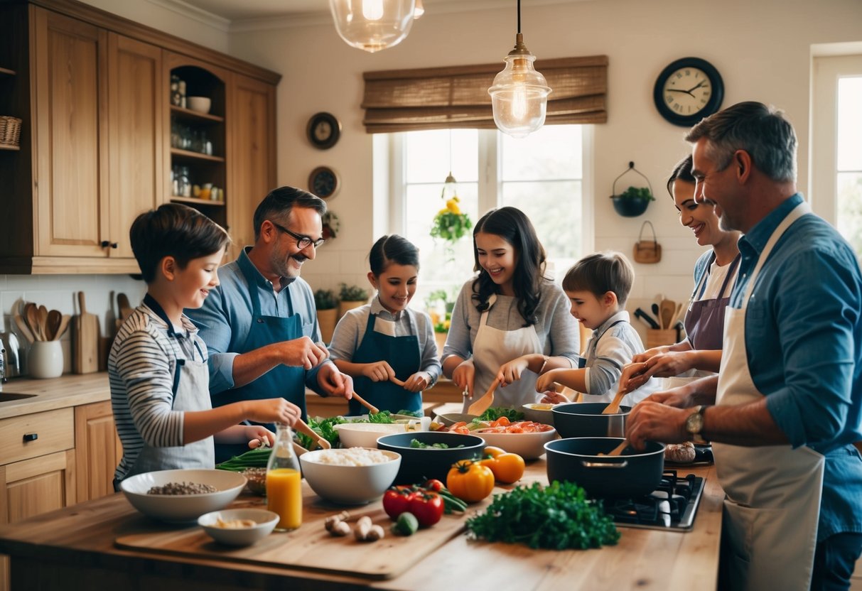 A family gathers in the kitchen, ingredients spread out as they cook together, sharing stories and laughter. An atmosphere of warmth and tradition fills the room