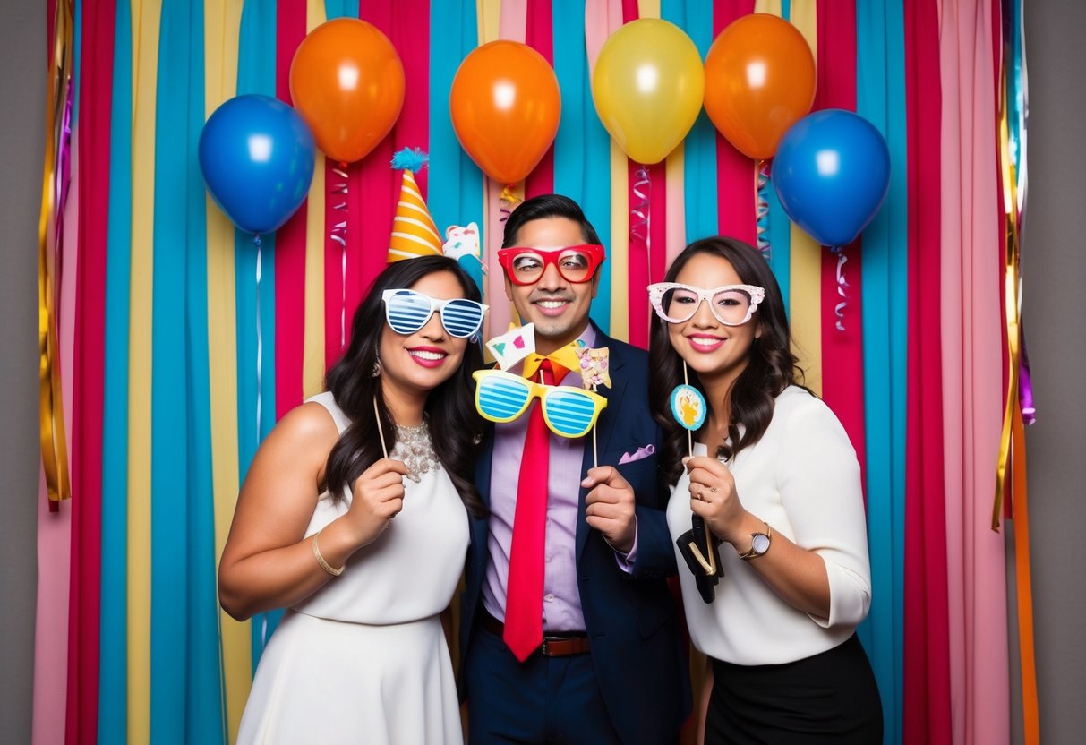 A colorful photo booth with props and a backdrop of balloons and streamers