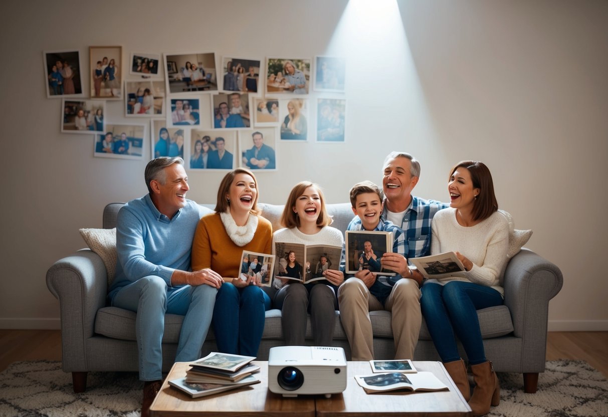 A family sitting on a cozy couch, surrounded by old photo albums and a projector casting images onto a blank wall. Laughter and smiles fill the room as they reminisce about past memories