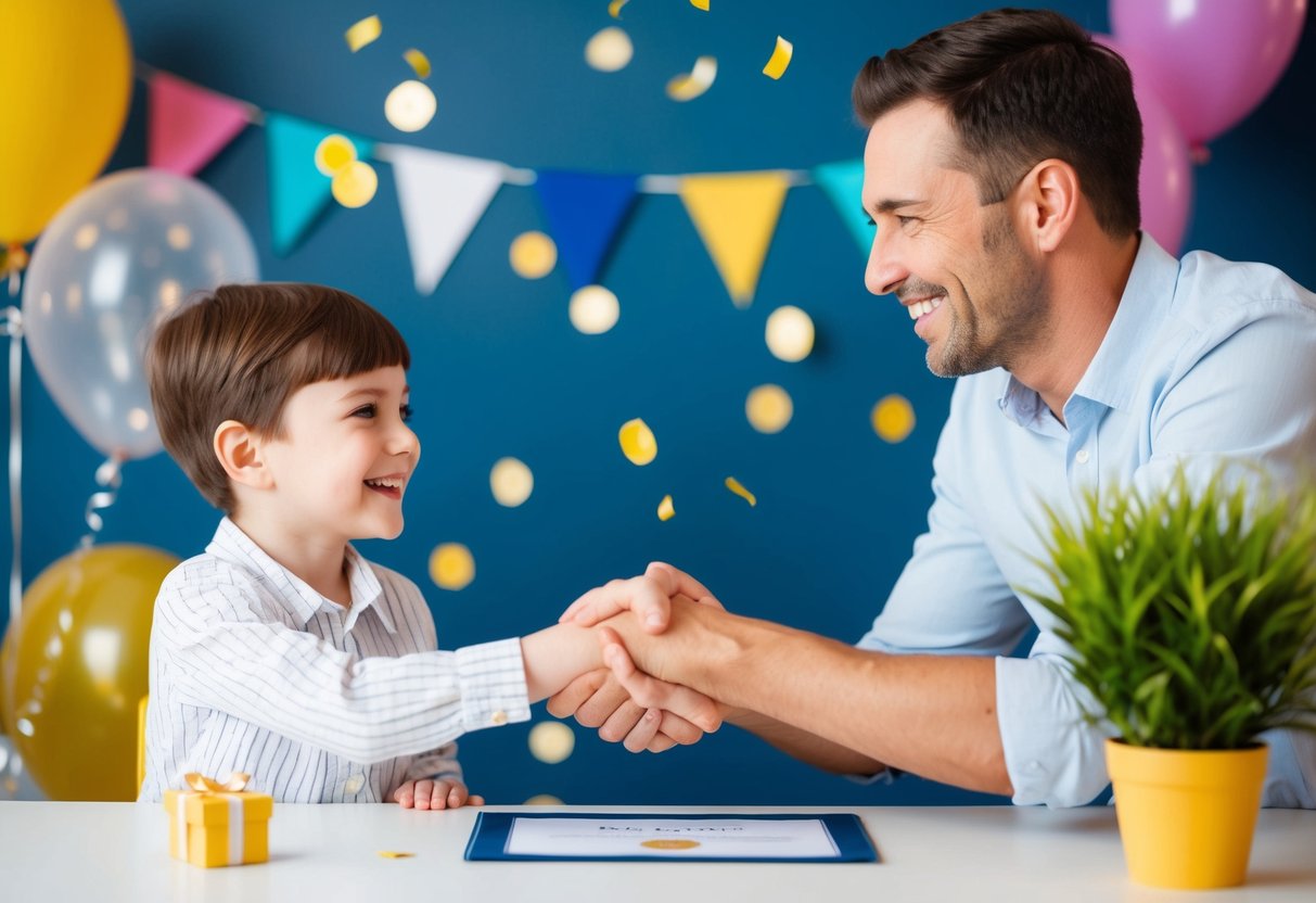 A parent and child smiling and shaking hands, with a certificate and a small gift on a table. Confetti and balloons in the background