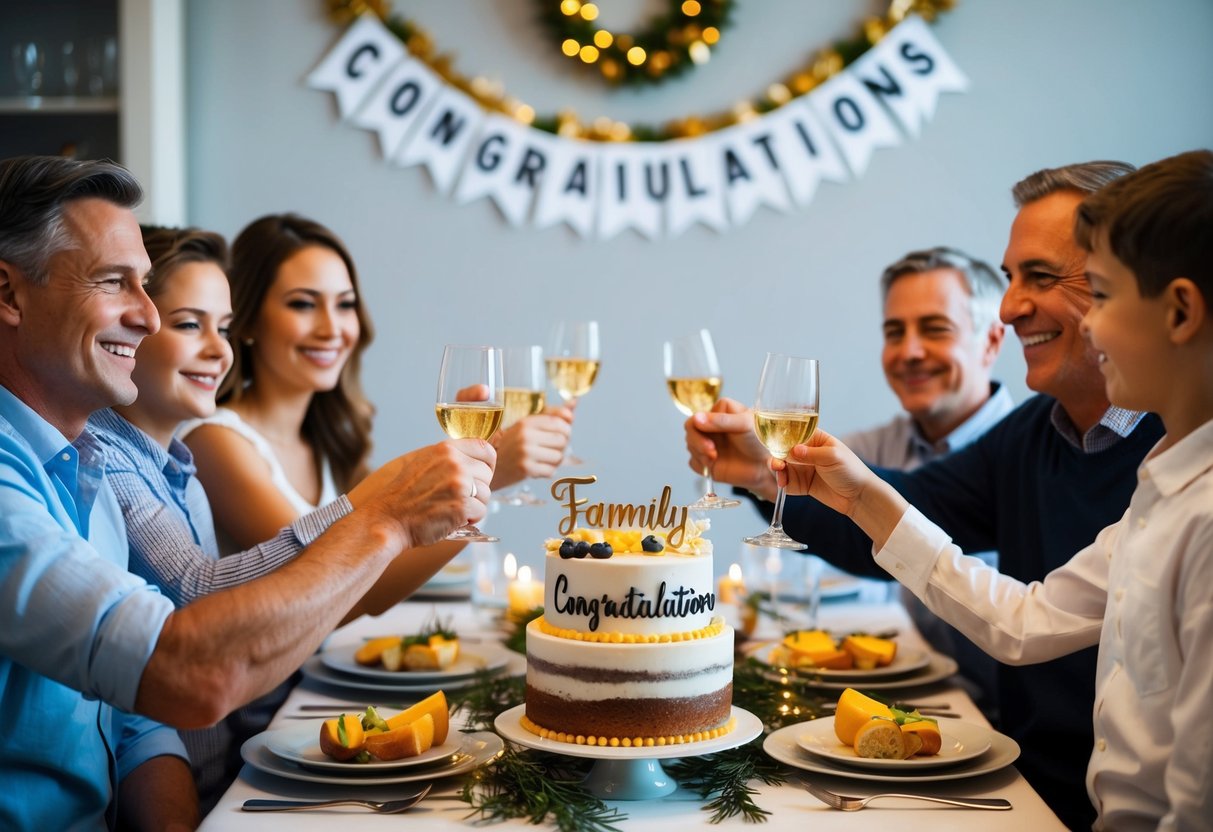 A family dinner table with a festive setting, including a congratulatory banner and a cake with "Congratulations" written on it. Family members are smiling and raising their glasses in a toast