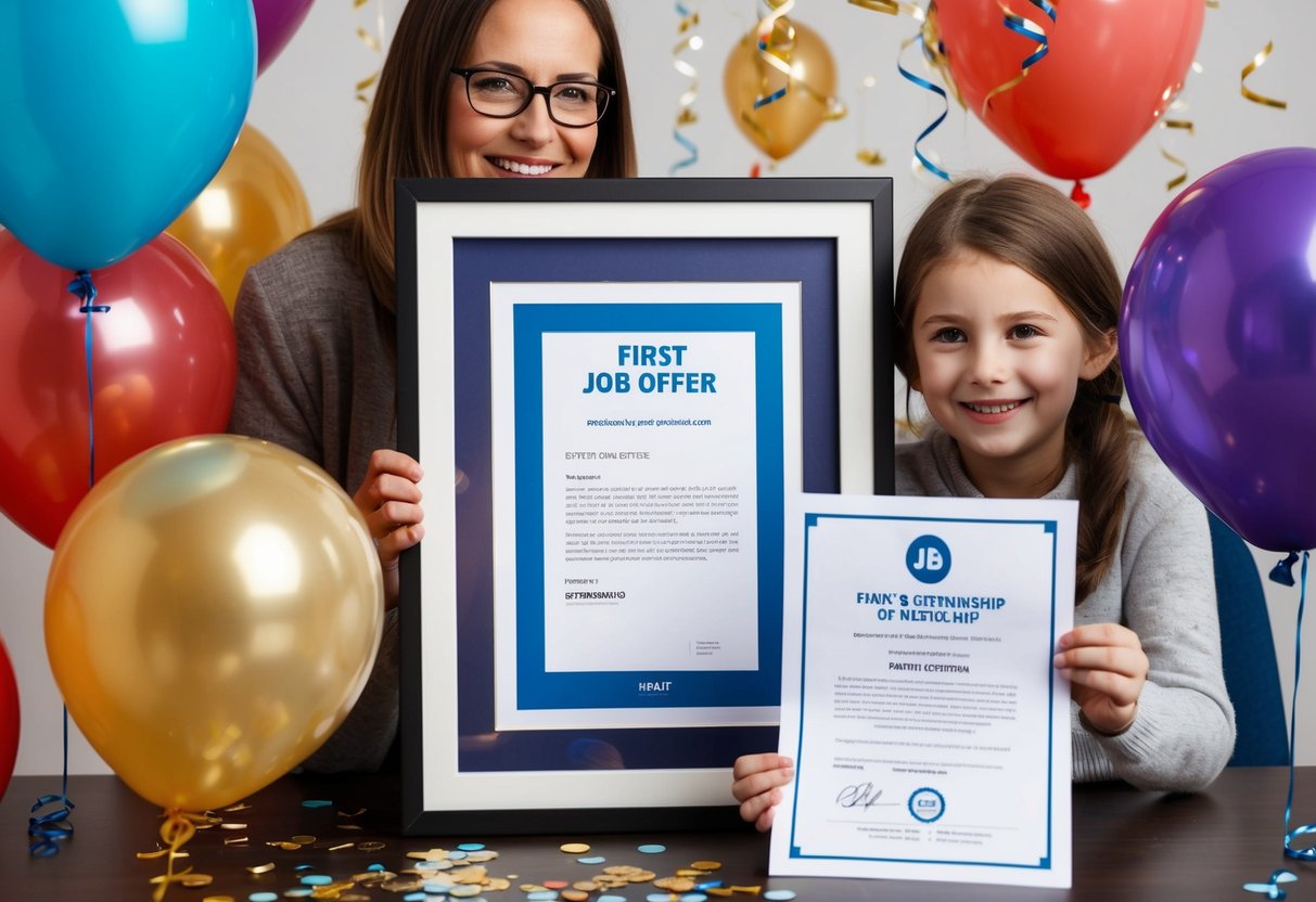 A proud parent framing their child's first job offer letter and internship certificate, surrounded by celebratory balloons and confetti