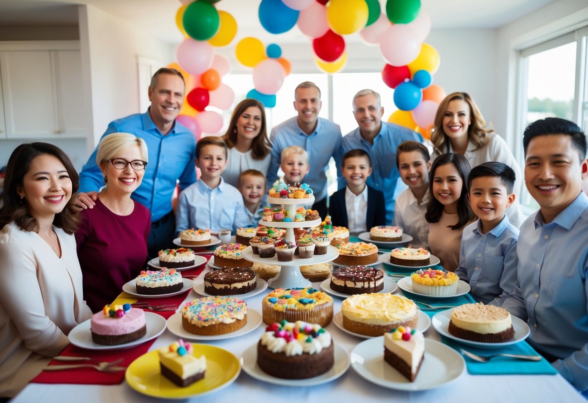 A table set with a colorful array of homemade desserts, surrounded by happy family members celebrating a child's first job or internship