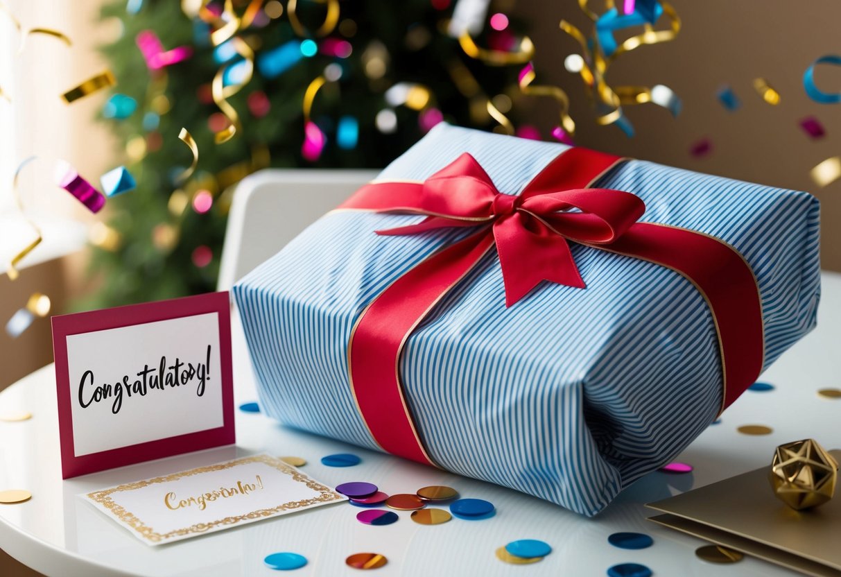 A neatly wrapped professional clothing item on a table, surrounded by celebratory confetti and a congratulatory card