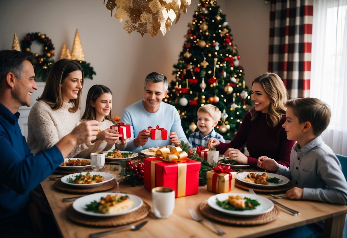 A family gathered around a table, sharing a meal and exchanging gifts on a special occasion. Decorations and festive atmosphere create a warm and joyful setting