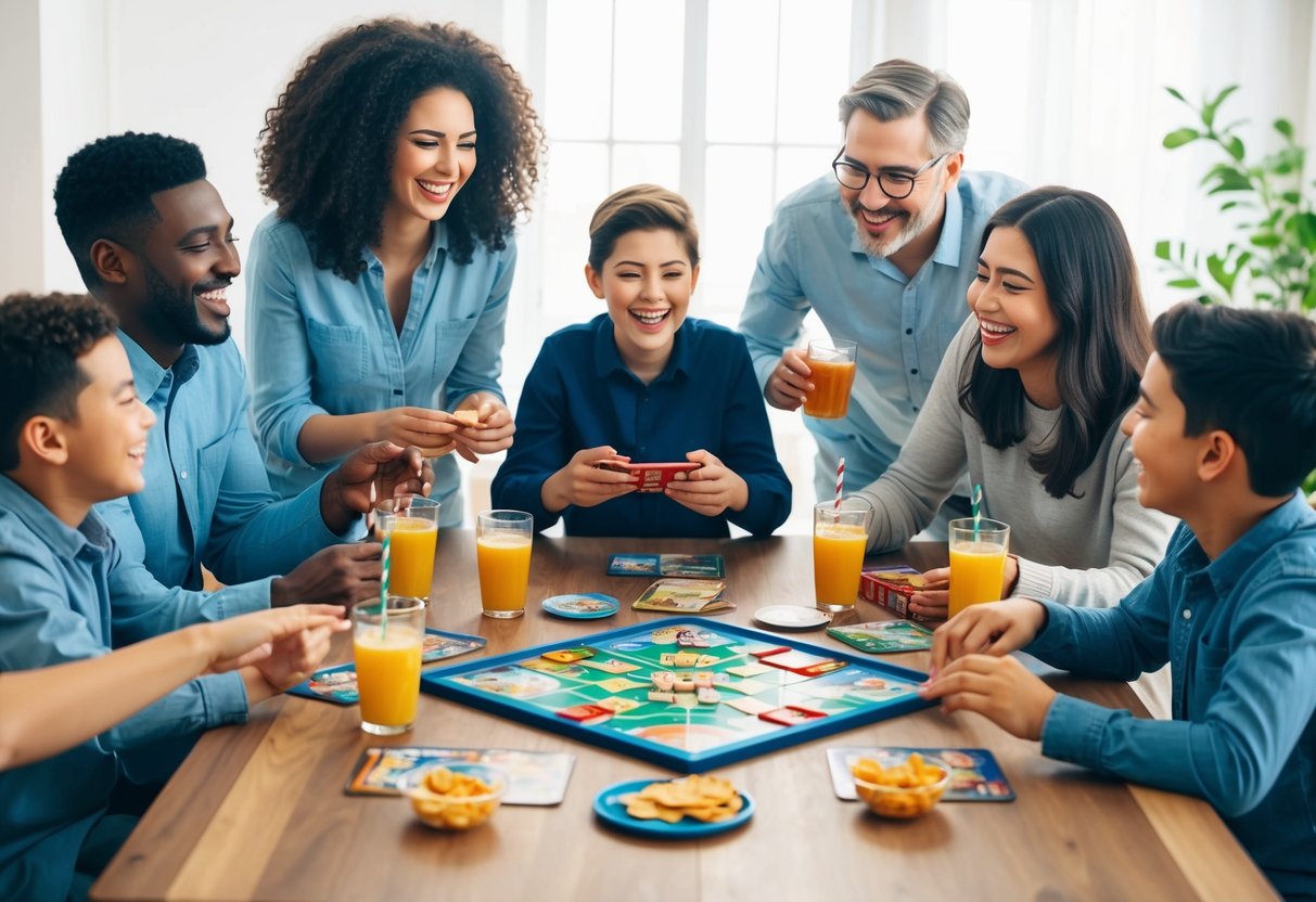 A table set with board games, snacks, and drinks surrounded by a group of family members laughing and playing together