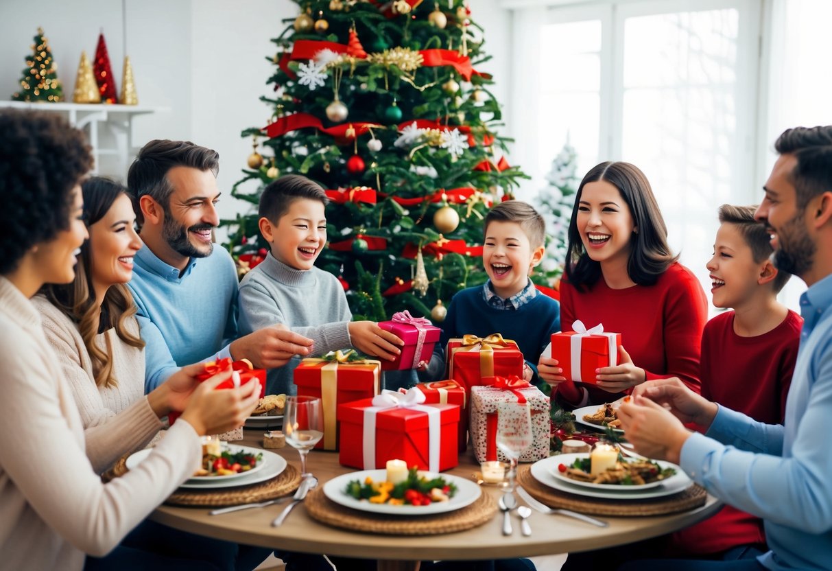 A family gathered around a beautifully decorated Christmas tree, exchanging gifts and sharing laughter while enjoying a festive holiday meal together