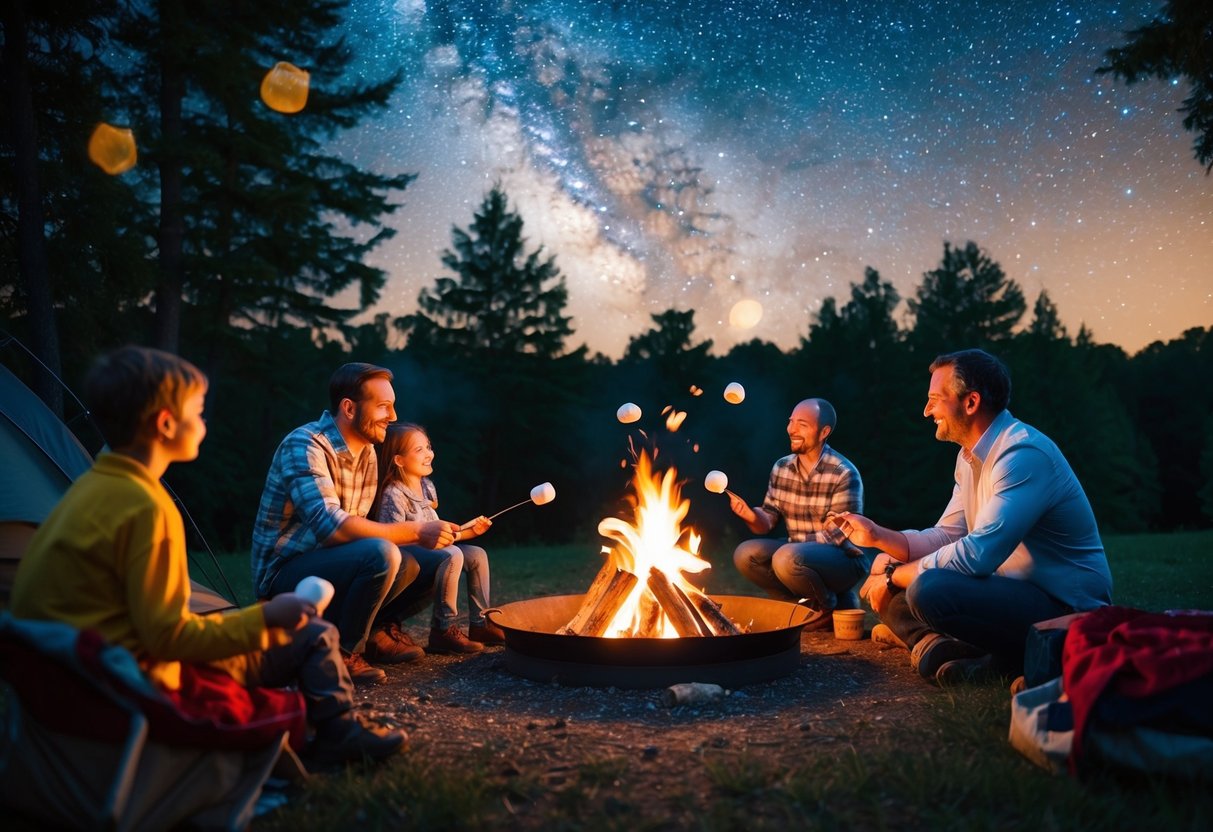 A family sitting around a campfire, roasting marshmallows and sharing stories under the stars