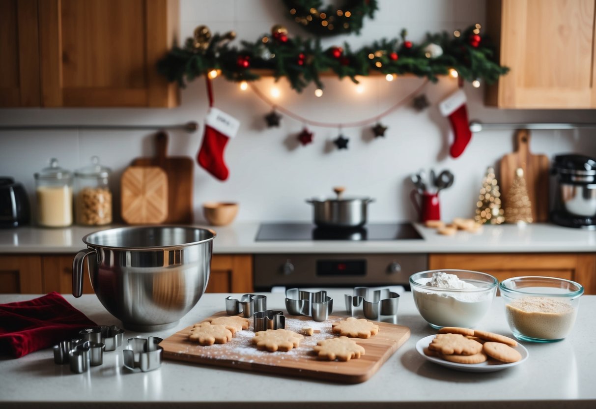 A cozy kitchen with festive decorations, a mixing bowl, cookie cutters, and an array of ingredients spread out on the counter