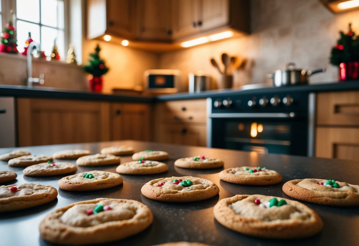 A cozy kitchen with a festive atmosphere, filled with the warm glow of the oven and the sweet aroma of freshly baked holiday cookies