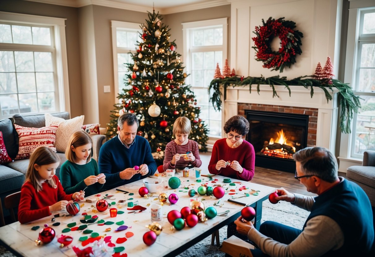 A cozy living room with a crackling fireplace, a table strewn with crafting supplies, and a family gathered around, creating handmade ornaments together