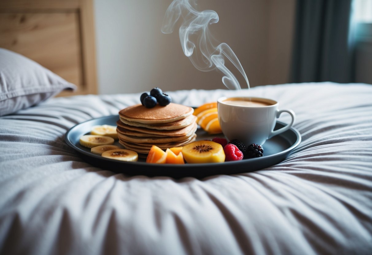 A tray with a colorful array of breakfast items, including pancakes, fruit, and a steaming cup of coffee, is carefully balanced on a bed