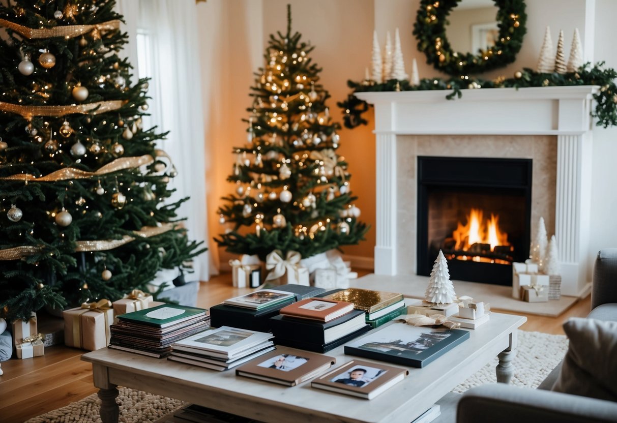 A cozy living room with a crackling fireplace, twinkling Christmas tree, and a table filled with holiday photos and albums