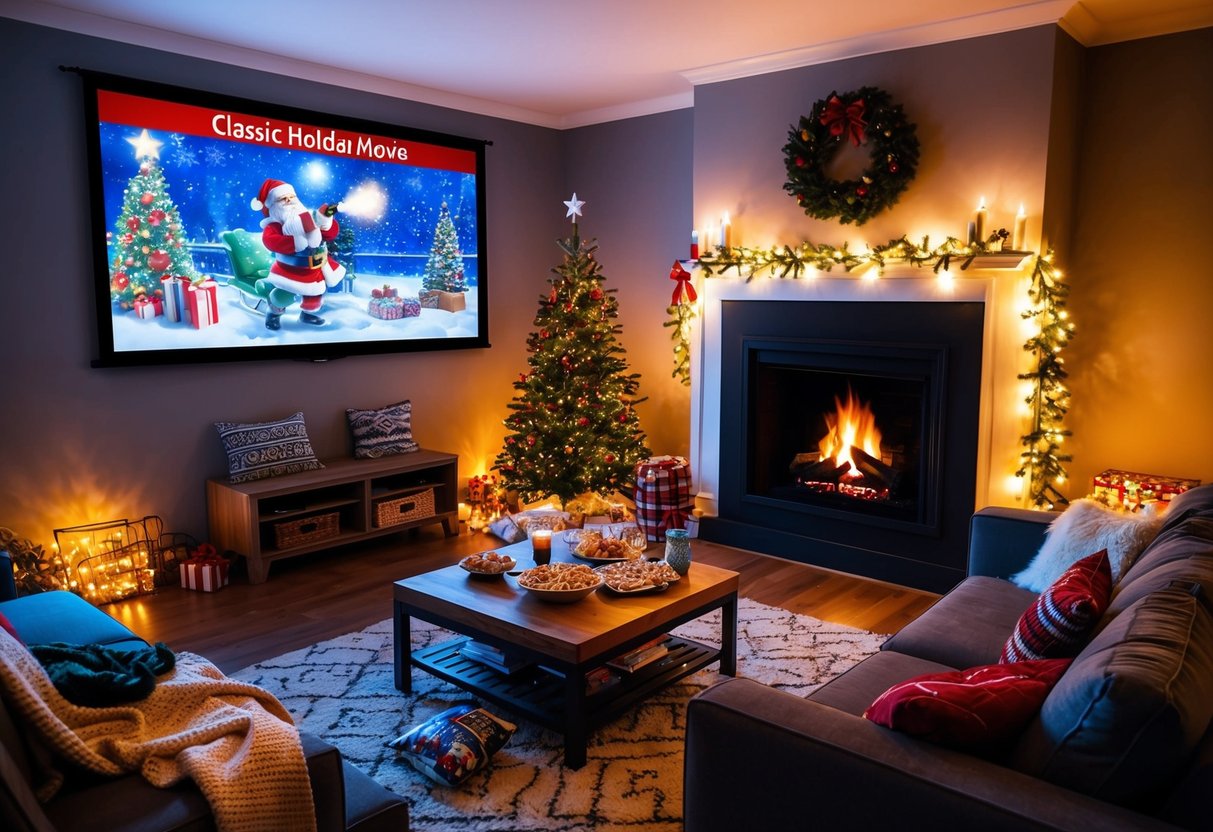 A cozy living room with a roaring fireplace, twinkling holiday lights, and a big screen playing a classic holiday movie. Snacks and blankets are scattered around for a festive movie night