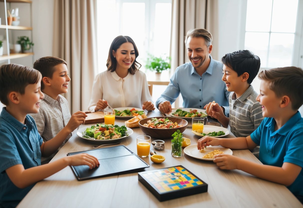 A family gathered around a dinner table, sharing a meal and laughter. A photo album sits open, and a board game waits to be played