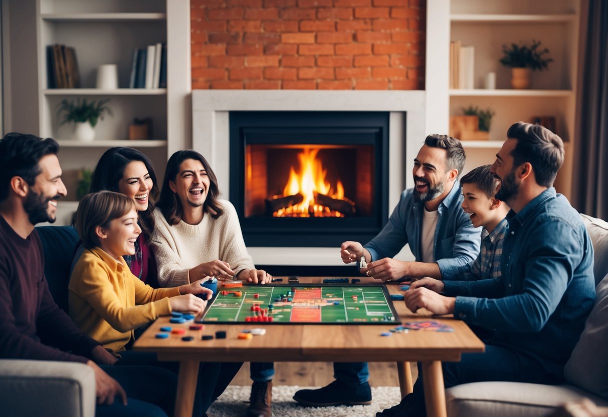 A cozy living room with a roaring fireplace, a table set with board games, and a family gathered around, laughing and enjoying each other's company