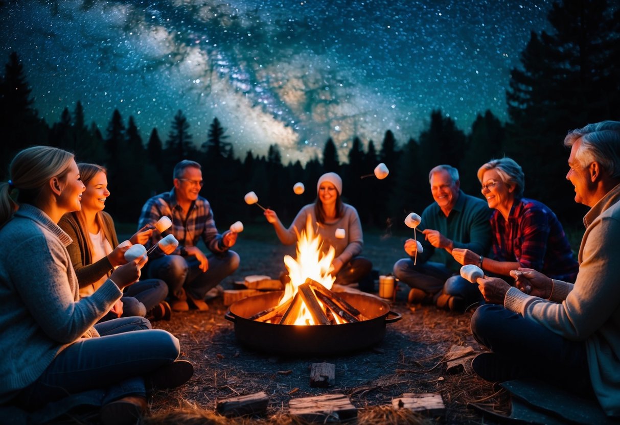 A cozy campfire surrounded by family members roasting marshmallows and sharing stories under a starry night sky