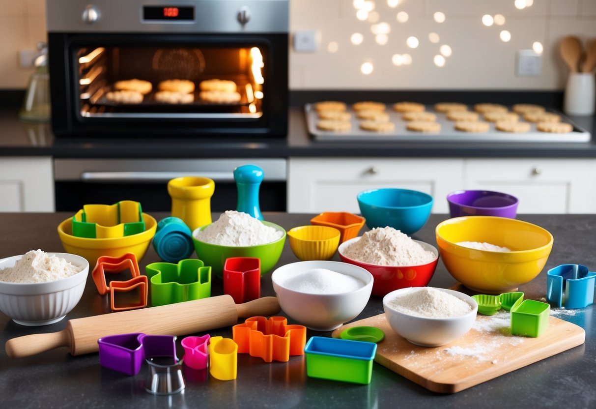 A kitchen counter filled with colorful cookie cutters, bowls of flour and sugar, and a rolling pin. A warm oven in the background with trays of freshly baked cookies