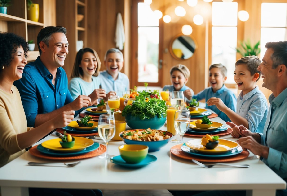 A dining table set with colorful dishes, surrounded by family members laughing and enjoying a meal together