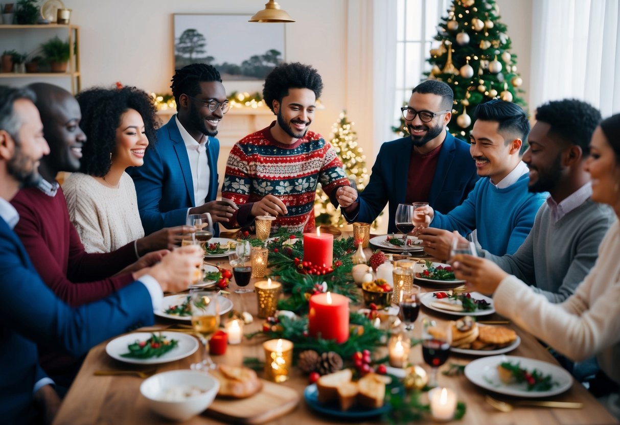 A diverse group of people from different cultural backgrounds gather around a festive table, sharing and enjoying various holiday traditions together