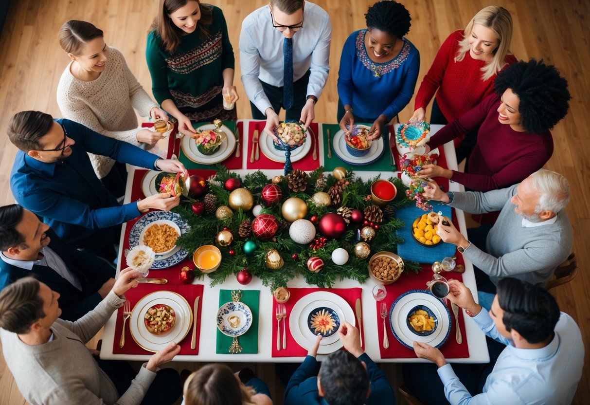 A diverse group gathers around a festive table, each person holding an object representing their favorite tradition. The table is adorned with decorations from various cultures