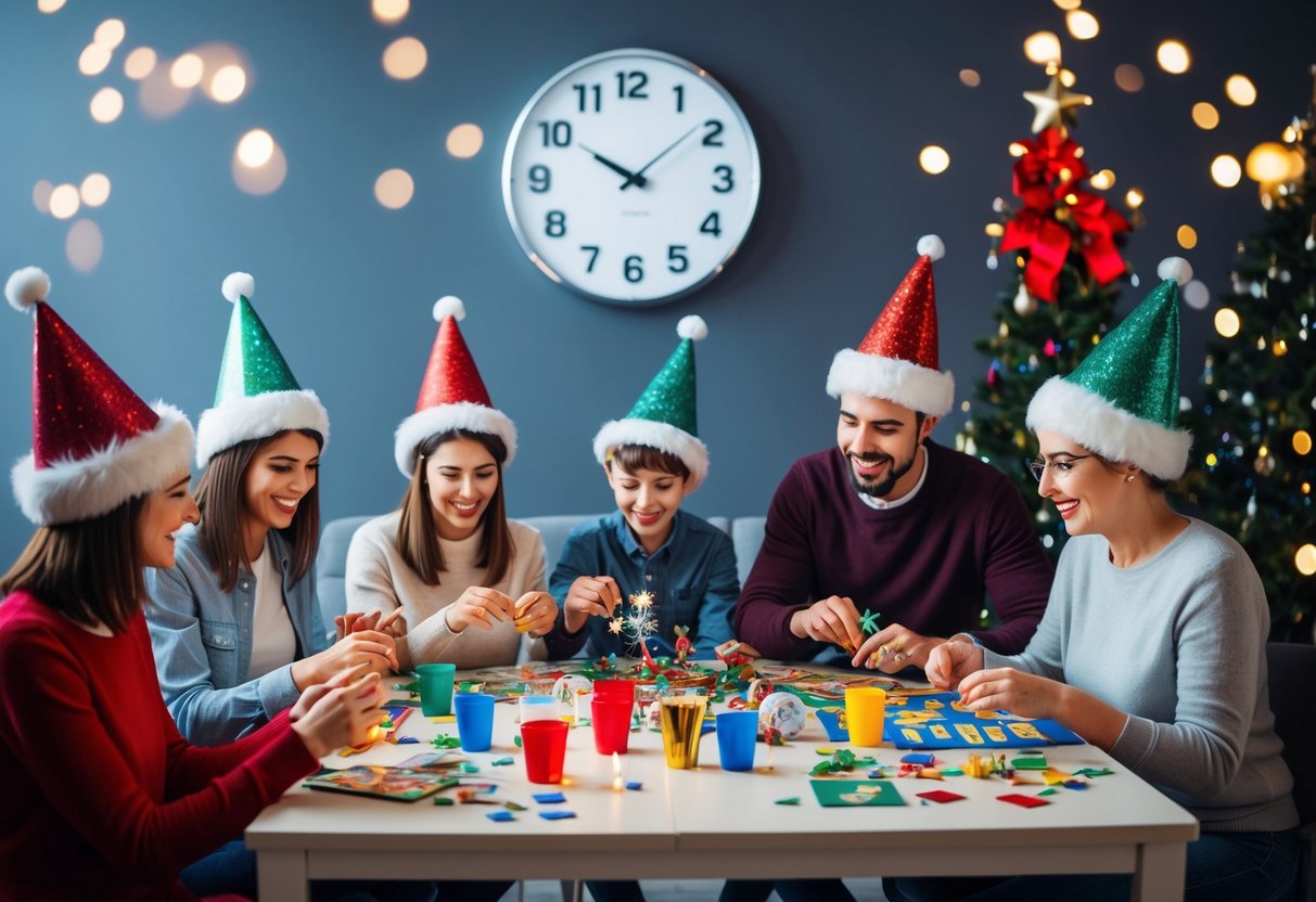 Families gathered around a table, playing games and making crafts. A countdown clock on the wall shows the approaching New Year. Sparkling decorations and festive hats add to the atmosphere