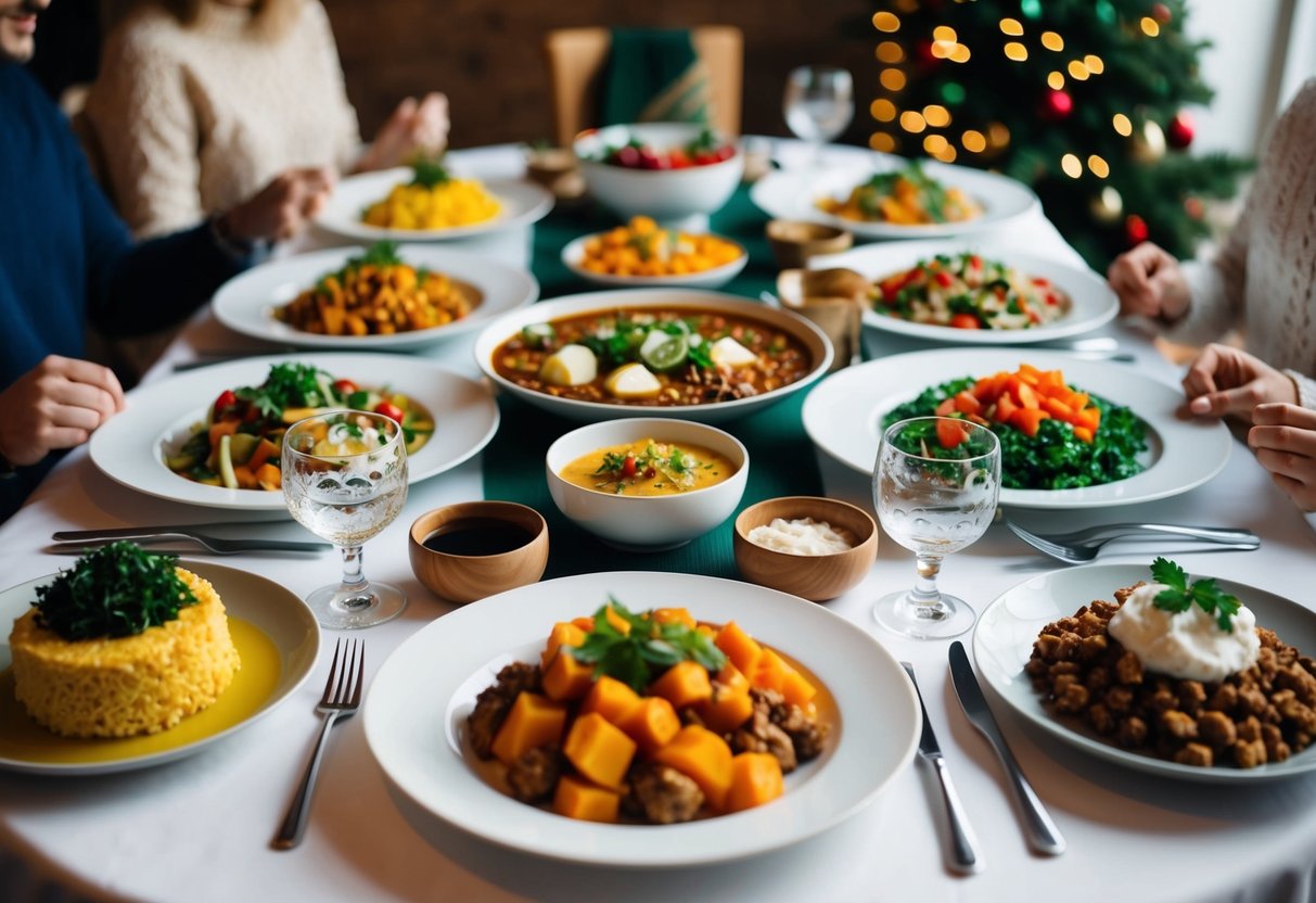 A festive table set with a variety of cultural dishes from around the world, showcasing inclusivity in holiday traditions