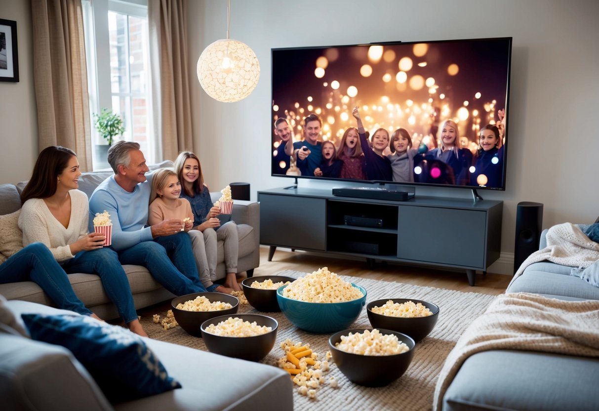 A cozy living room with a big screen TV, comfy couches, and blankets. Bowls of popcorn and snacks are scattered around as a family gathers for a movie marathon on New Year's Eve