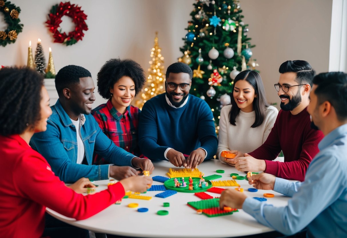 A diverse group of people playing inclusive games around a festive table, with a variety of games and decorations for different holiday traditions