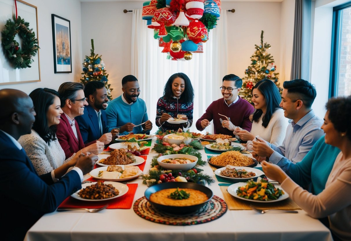 A diverse group of people gather around a table, sharing traditional holiday dishes from various cultures. The table is adorned with decorations from different traditions, creating a colorful and inclusive atmosphere