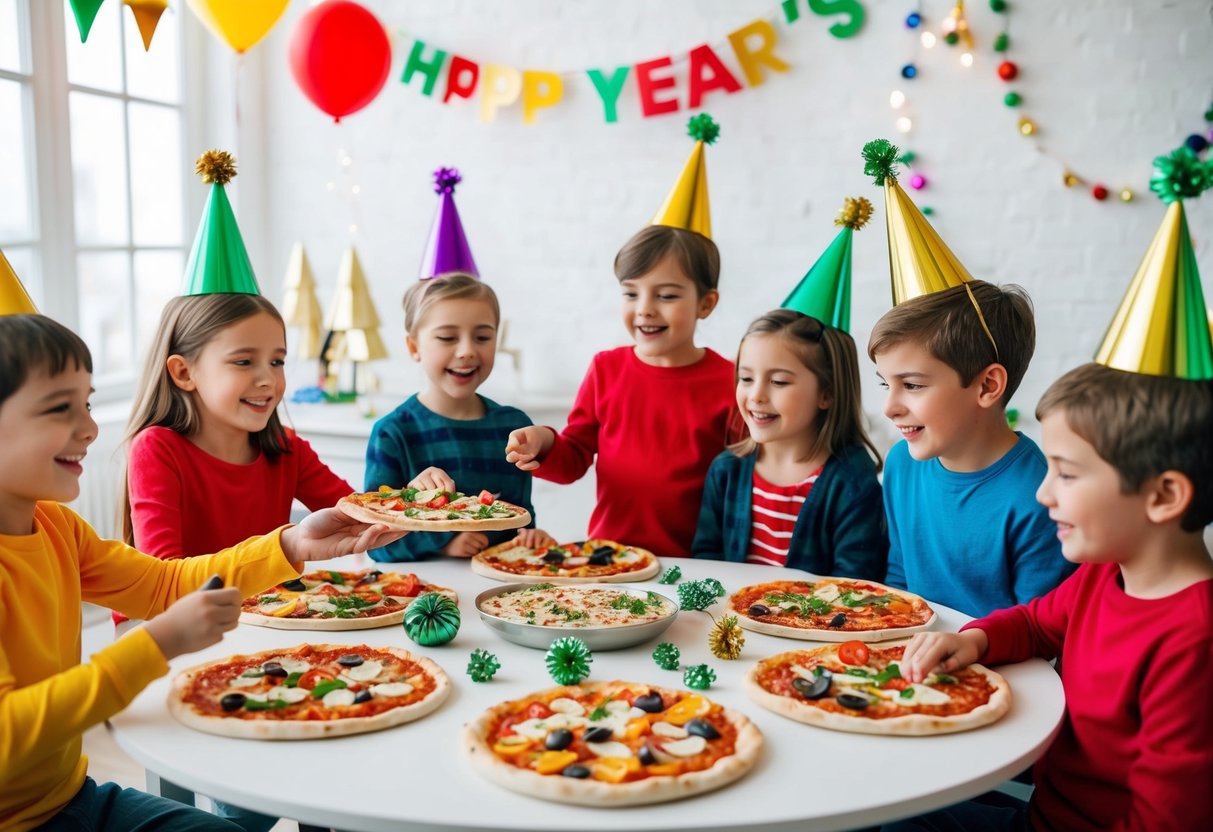 A table set with colorful pizza toppings, festive decorations, and excited children gathering around for a homemade pizza party to celebrate New Year's Eve