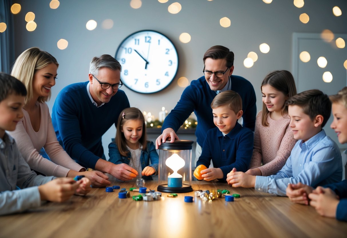 A family gathers around a table, placing items in a time capsule. A clock shows the countdown to midnight as they prepare to start a new tradition