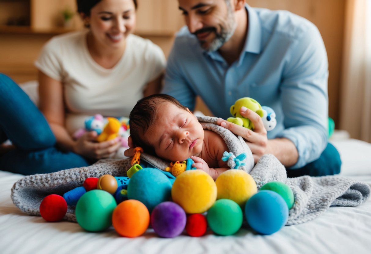 A newborn surrounded by colorful toys and a cozy blanket, while a parent lovingly looks on, ready to begin a new tradition