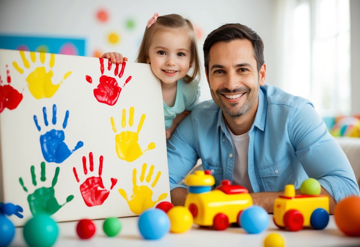 A canvas covered in colorful handprints, surrounded by baby toys and a smiling parent