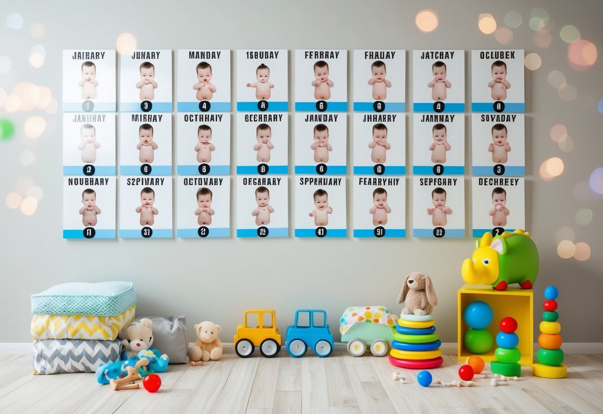 A series of monthly growth photos displayed on a wall, surrounded by baby toys and milestone markers