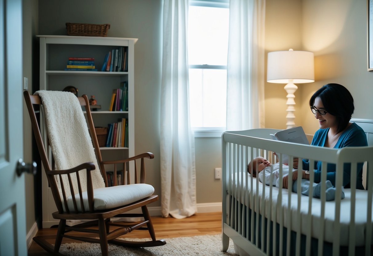 A cozy nursery with a rocking chair and bookshelf. Soft light spills from a bedside lamp as a parent reads to a newborn nestled in a crib