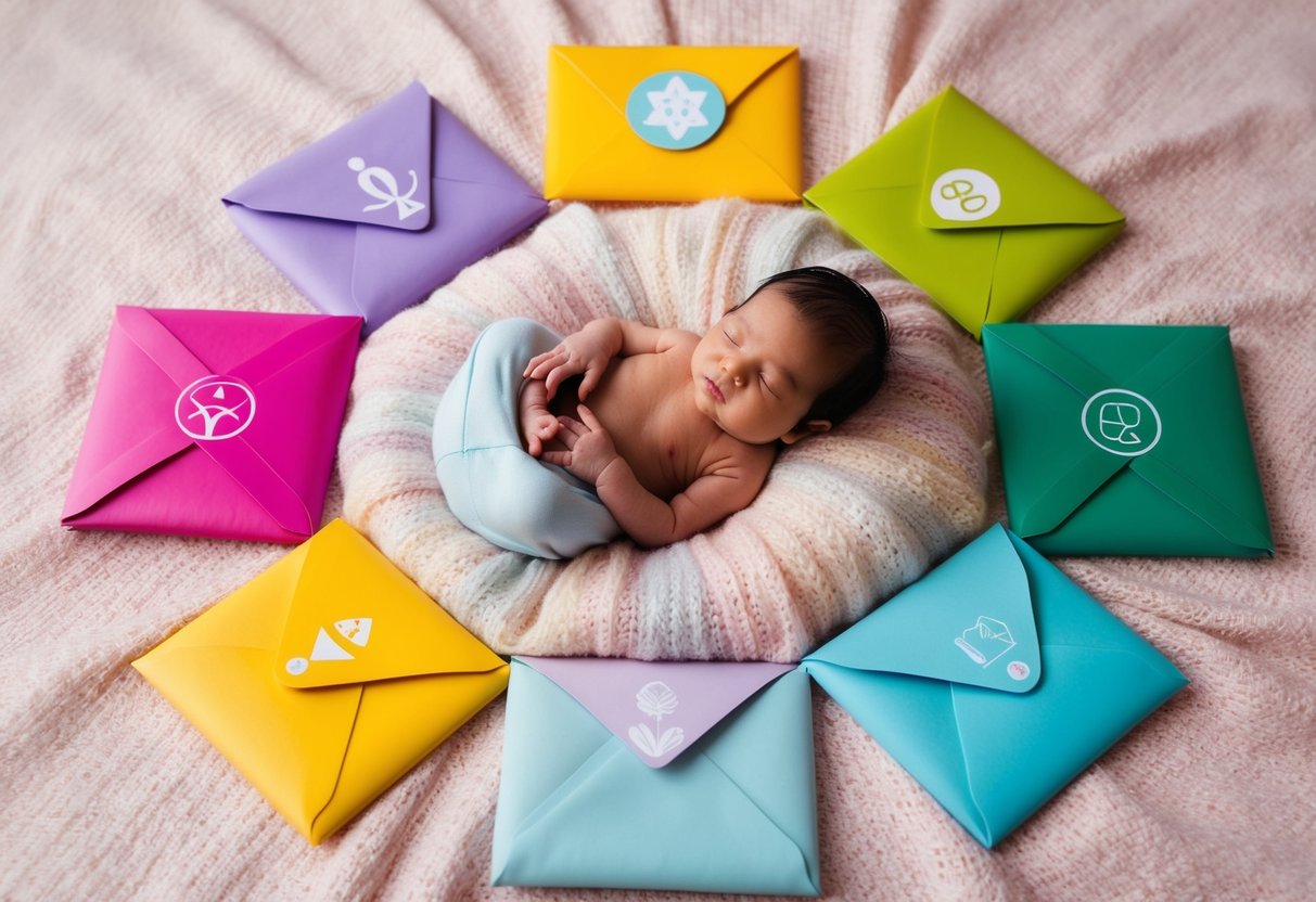 A newborn surrounded by seven colorful envelopes, each with a different symbol or design, arranged in a circle on a soft, pastel-colored blanket