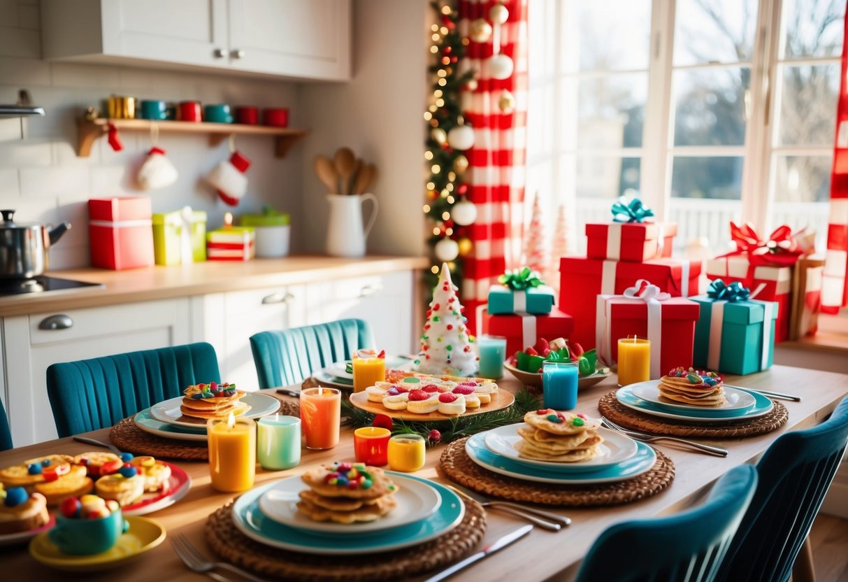 A cozy kitchen table set with a colorful spread of breakfast treats, surrounded by cheerful decorations and a stack of presents. Sunlight streams in through the window, creating a warm and inviting atmosphere