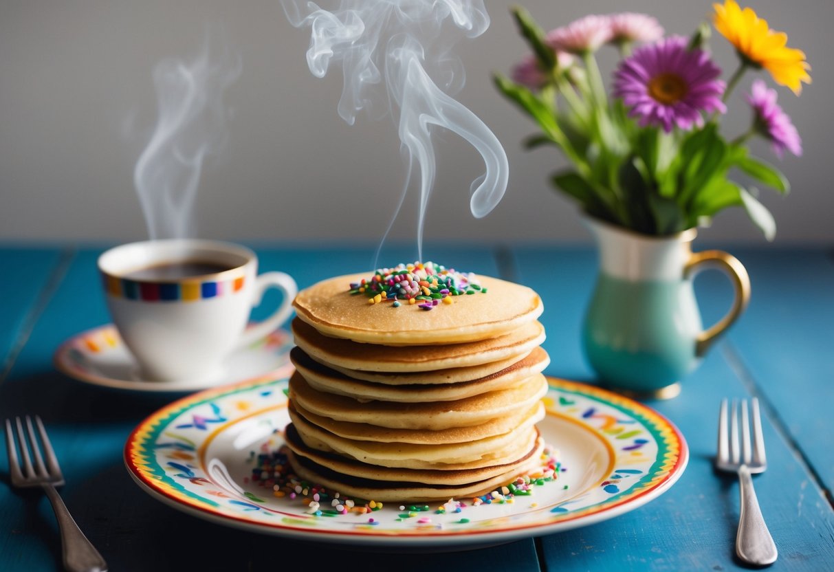 A stack of colorful sprinkle-topped pancakes on a festive plate, surrounded by a cup of steaming coffee and a small vase of freshly picked flowers