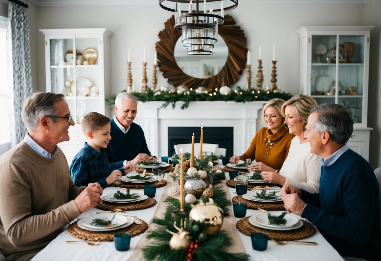 A family gathering around a table, blending old and new traditions. Decorations and heirlooms mix with modern elements, creating a harmonious atmosphere