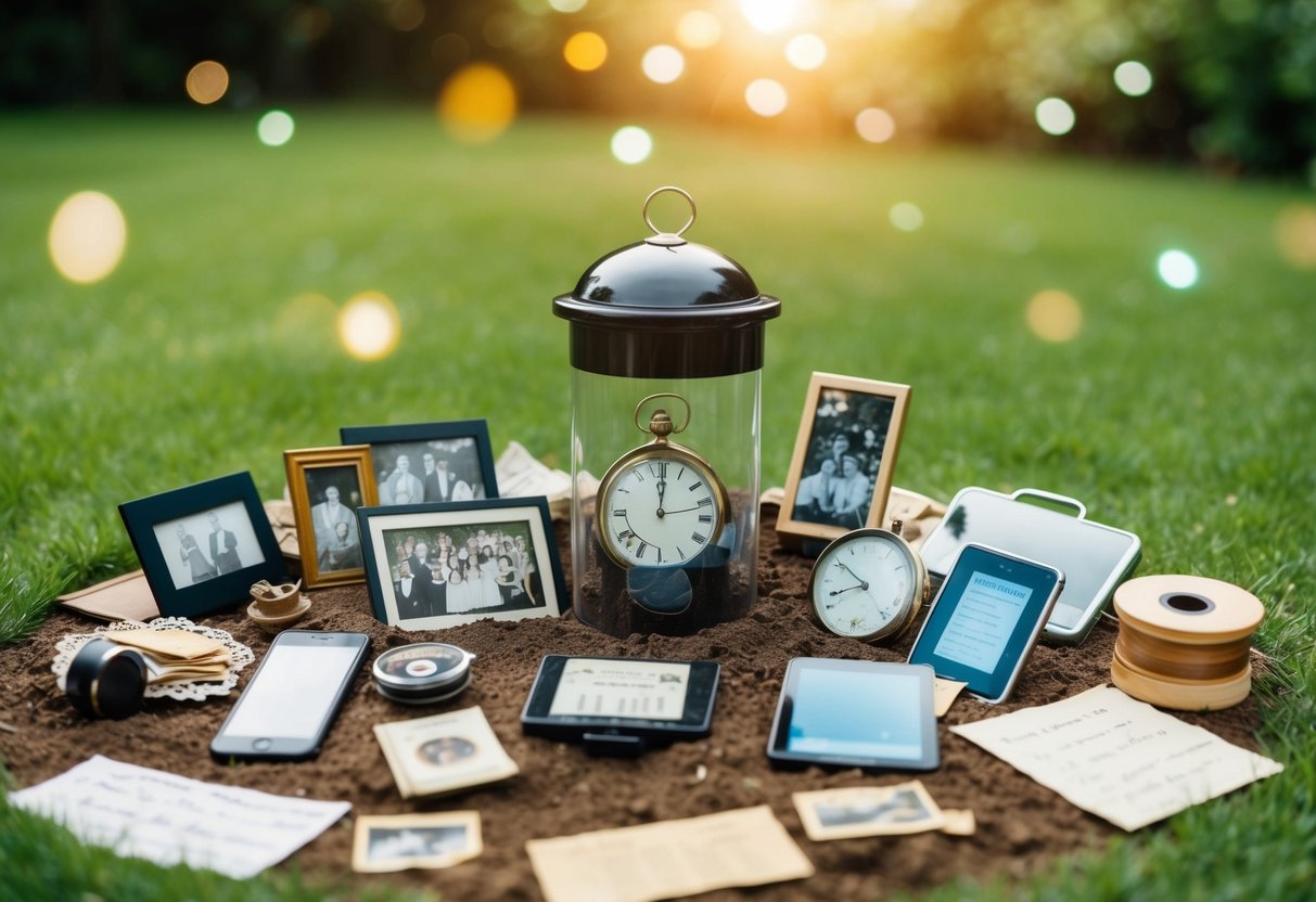 A time capsule buried in a backyard, surrounded by a mix of old and new family heirlooms and traditions. Items like vintage photographs, modern technology, recipes, and handwritten letters are all included