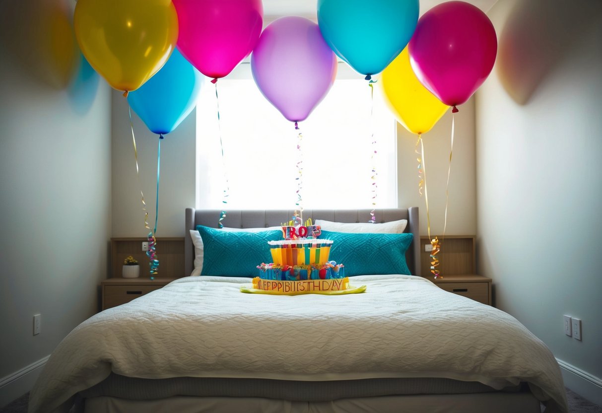 Colorful balloons float above a cozy bedroom, adding a festive touch to the morning. A bed with a birthday surprise awaits