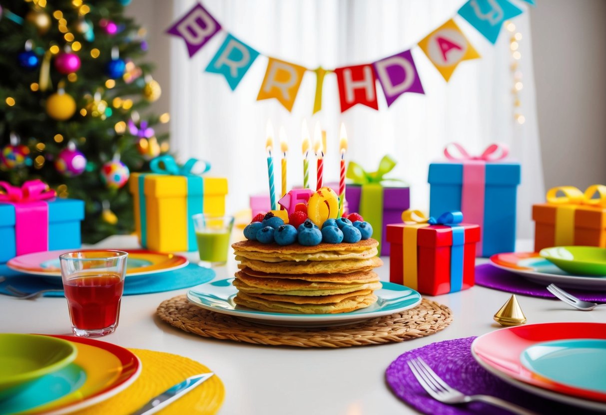 A colorful, festive breakfast table with a personalized birthday song playing in the background, surrounded by gifts and decorations