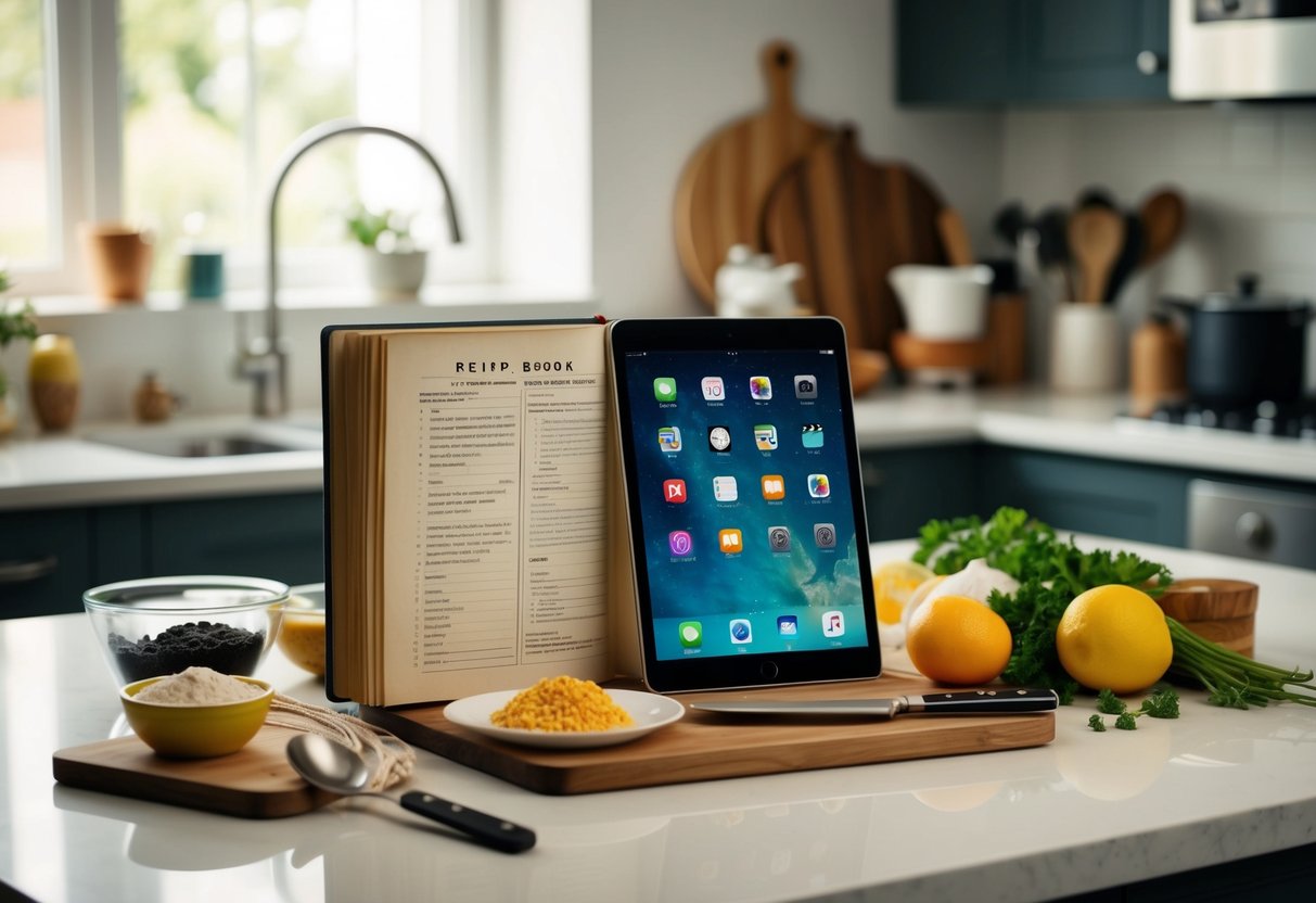 A vintage recipe book and a modern tablet sit side by side on a kitchen counter, surrounded by ingredients and utensils, representing the blending of old and new family traditions