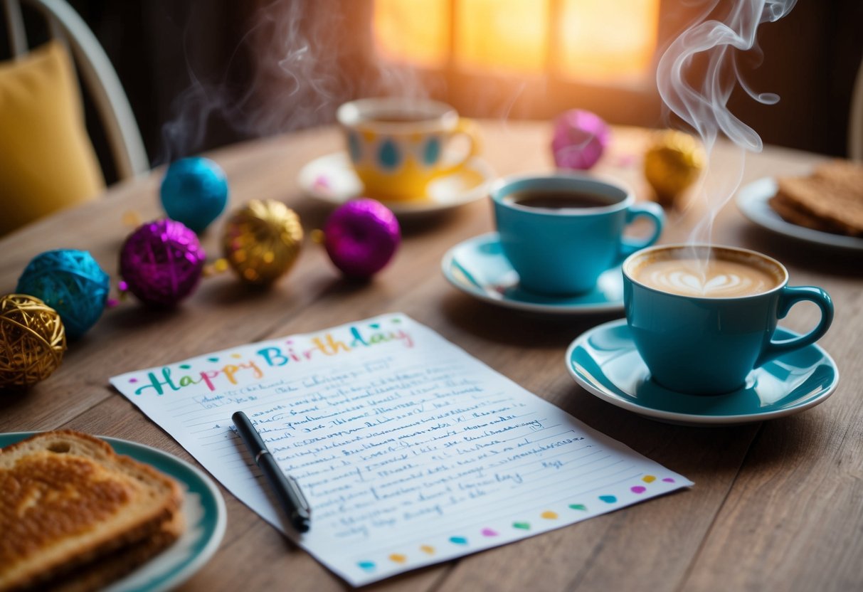 A cozy breakfast table set with a handwritten birthday letter, surrounded by colorful decorations and a steaming cup of coffee