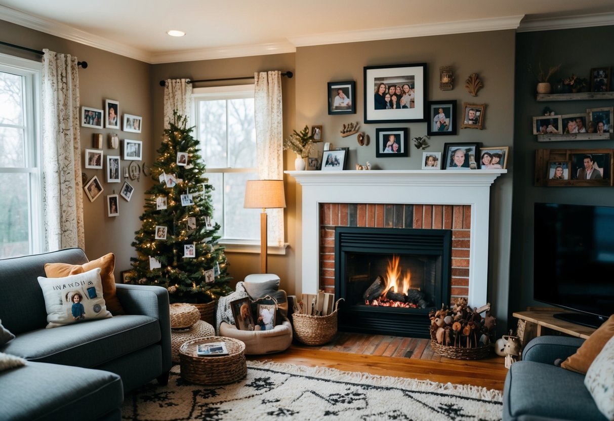 A cozy living room with a crackling fireplace, family photos on the wall, and a mix of old and new storytelling props scattered around the room