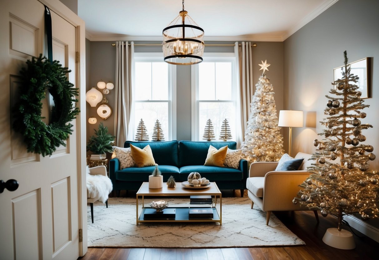 A cozy living room with a mix of vintage and modern holiday decor. A traditional wreath hangs on the door while a sleek, metallic tree sparkles in the corner