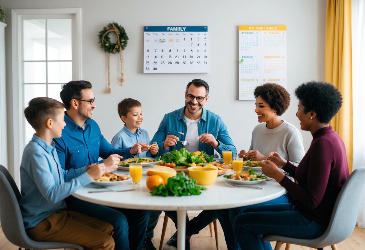 A family gathered around a table, sharing a meal and engaging in conversation. A calendar on the wall shows different seasonal activities