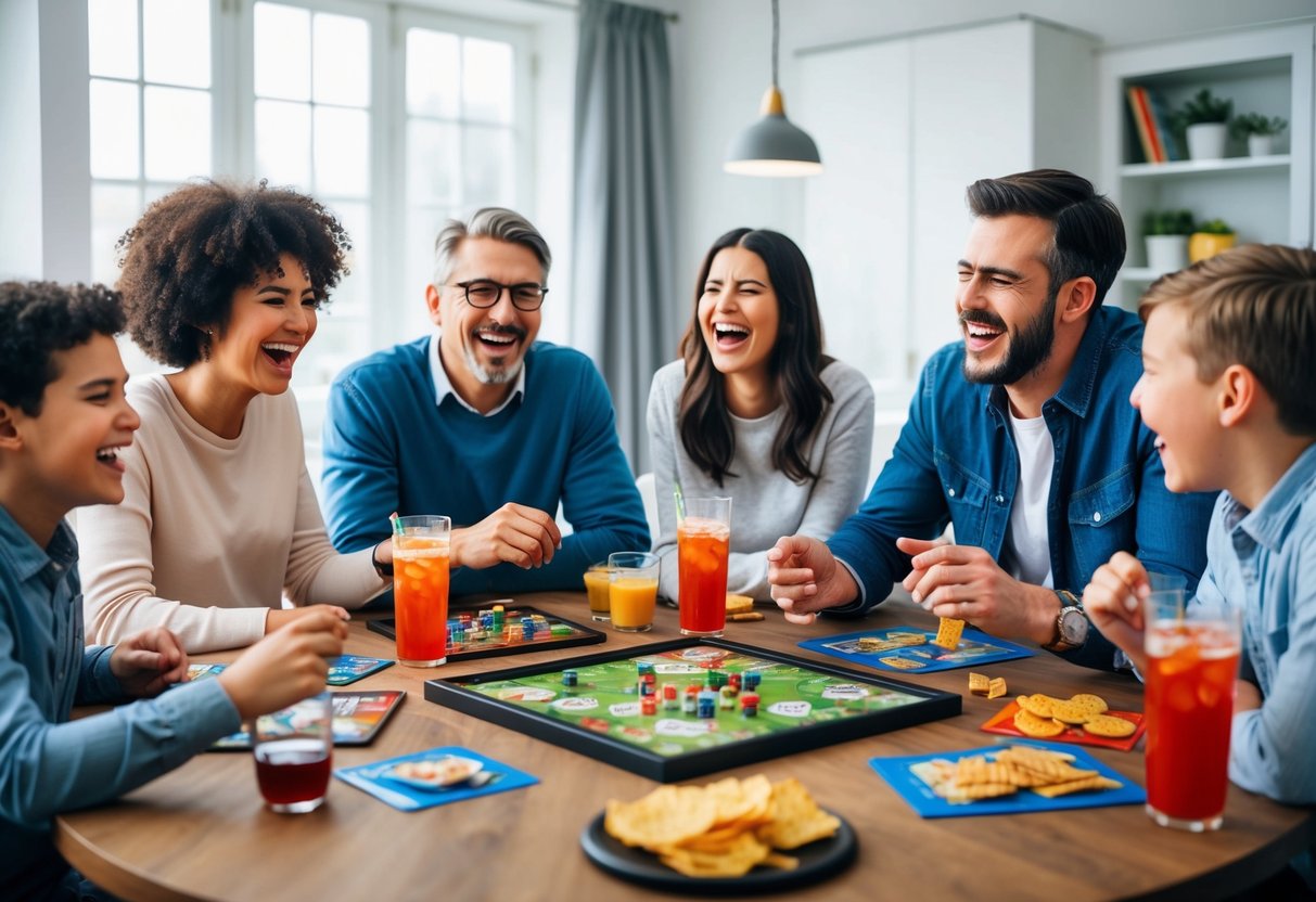 A table set with board games, snacks, and drinks, surrounded by family members laughing and enjoying each other's company