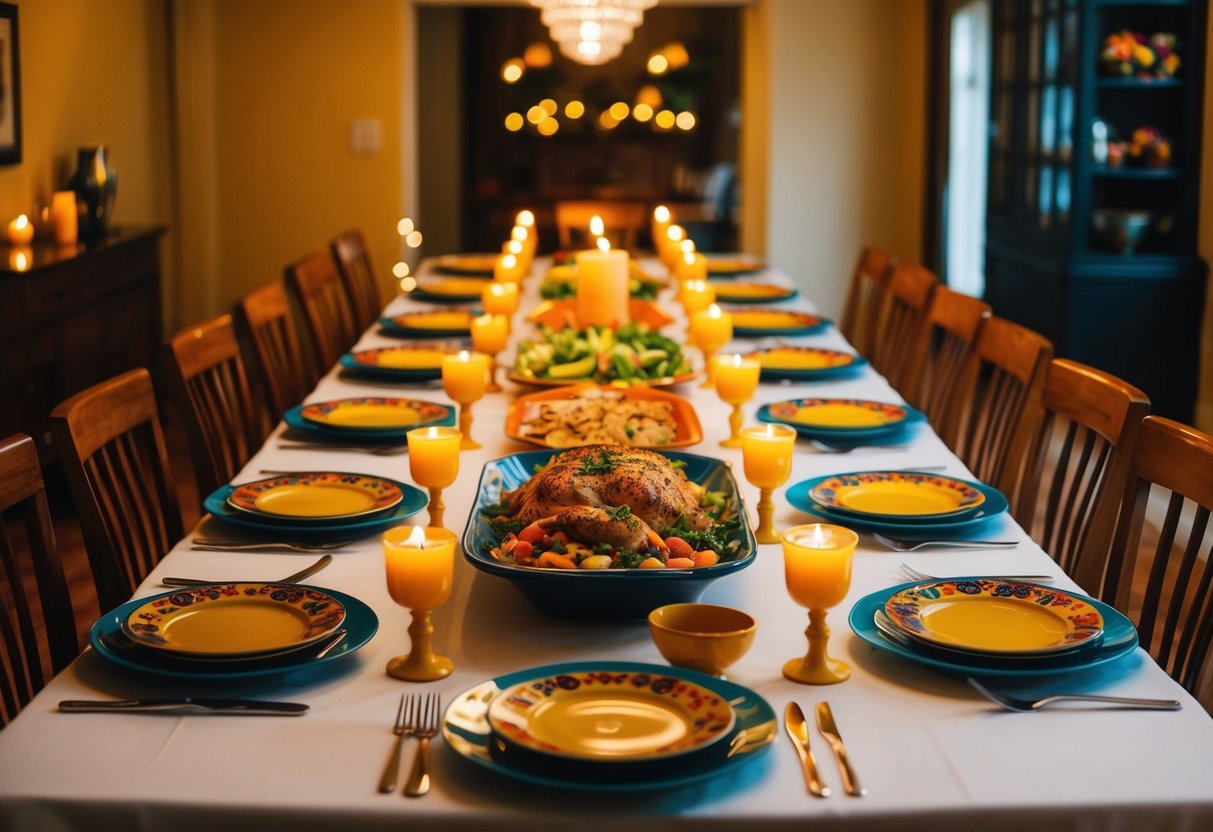 A long dining table set with colorful plates, surrounded by 10 chairs. A warm, inviting atmosphere with candles and a large, home-cooked meal at the center